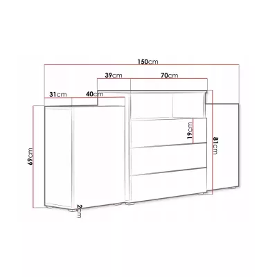 Kombinovaná komoda POSIE - bílá lesk / wotan