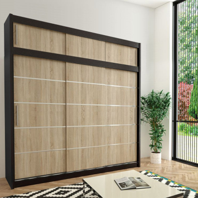 Levné Šatní skříně: Prostorná šatní skříň s posuvnými dveřmi Enni 250 v barvě bílá-dub sonoma