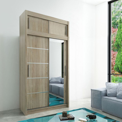 Levné Šatní skříně: Moderní šatní skříň s posuvnými dveřmi a zrcadlem Adéla 150 v barvě wenge-bílá