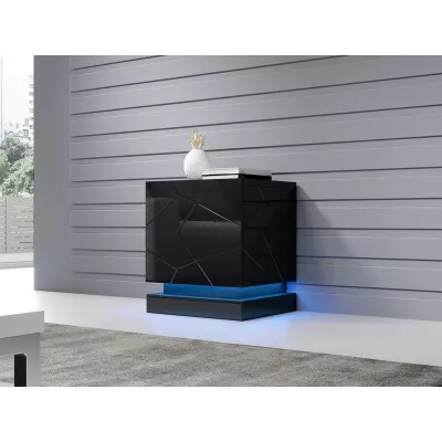 VÝPRODEJ - Set 2x noční stolek s modrým LED osvětlením LIMA - černý / lesklý černý