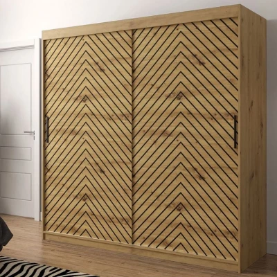 Vysoká šatní skříň 200 cm s posuvnými dveřmi a šuplíky ORIOT - dub artisan / černá