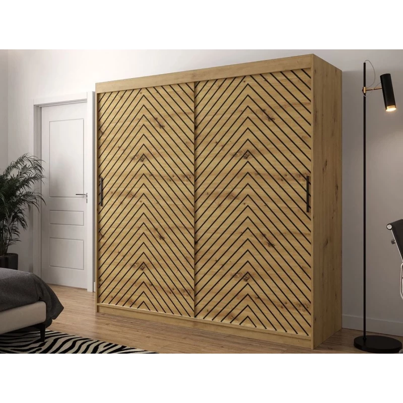 Vysoká šatní skříň 200 cm s posuvnými dveřmi a šuplíky ORIOT - dub artisan / černá