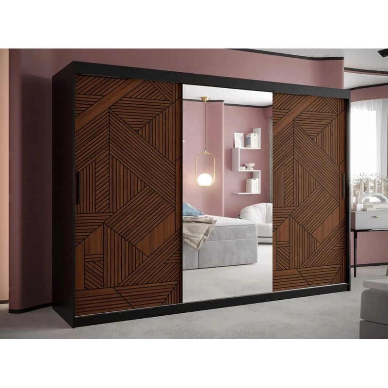 Zrcadlová šatní skříň 250 cm DERO - tmavý ořech / černá
