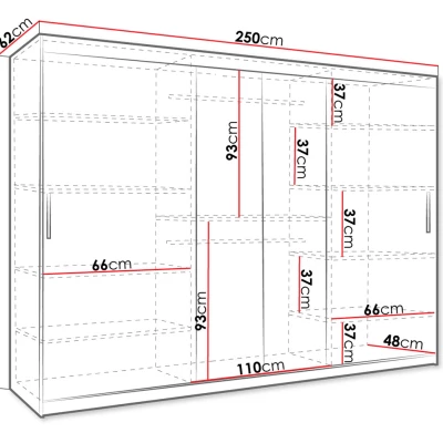 Zrcadlová šatní skříň 250 cm DERO - tmavý ořech / černá