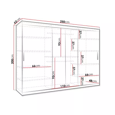 Zrcadlová šatní skříň 250 cm DERO - tmavý ořech / černá