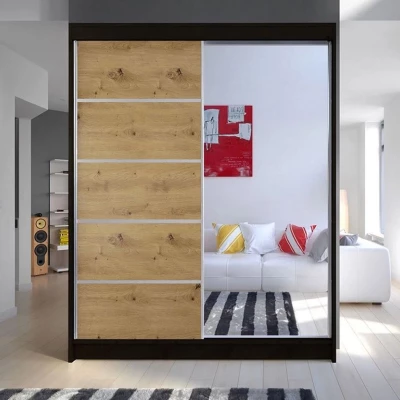 Šatní skříň se zrcadlem 150 cm PIRITU 3 - dub artisan / černá