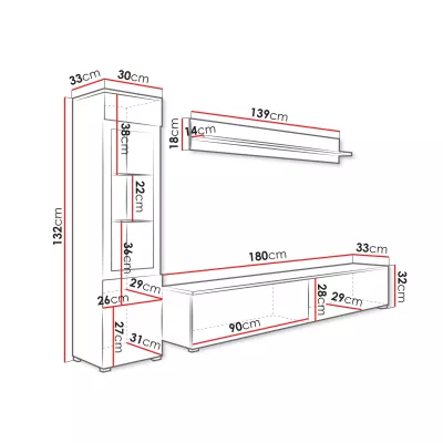 Obývací stěna s LED osvětlením WANDA 1 - matera / lesklá bílá