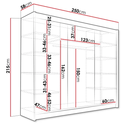 Vysoká šatní skříň se zrcadlem 250 cm HORTENSIA 3 - kašmír + RGB osvětlení ZDARMA