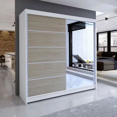 Vysoká šatní skříň 180 cm se zrcadlem VILMA 3 - dub sonoma / bílá