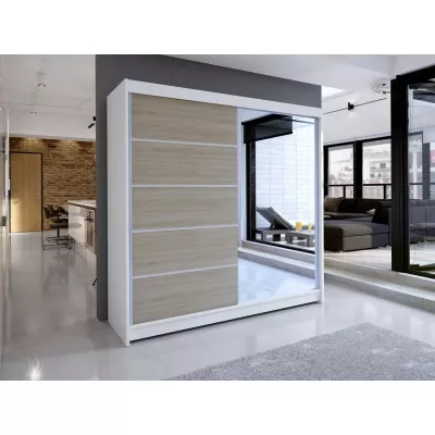 Vysoká šatní skříň 180 cm se zrcadlem VILMA 3 - dub sonoma / bílá