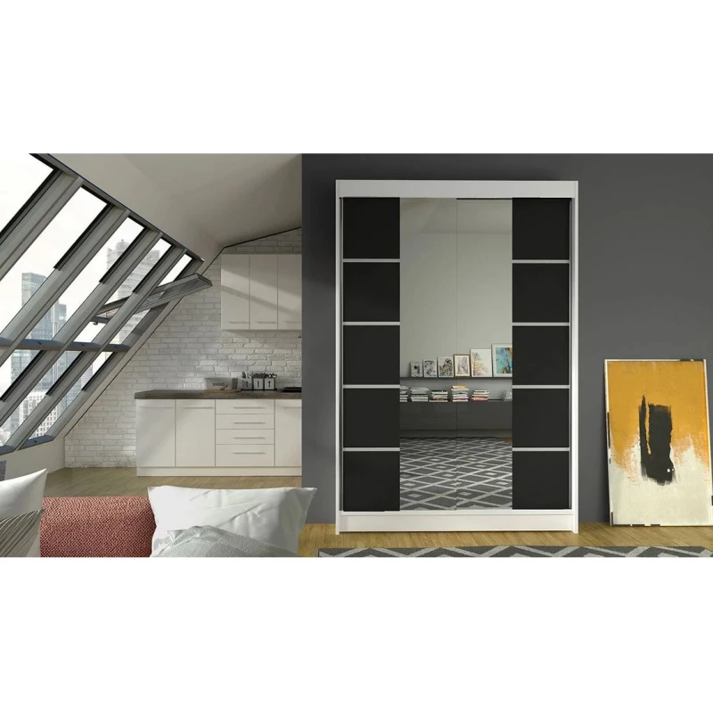 Zrcadlová šatní skříň 120 cm SAMANRE 5 - bílá / černá