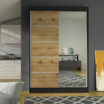 Vysoká šatní skříň 120 cm se zrcadlem SAMANRE 3 - dub artisan / černá