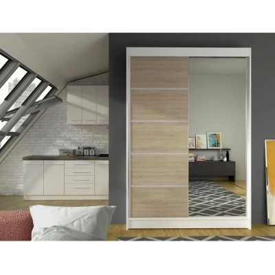 Vysoká šatní skříň 120 cm se zrcadlem SAMANRE 3 - dub sonoma / bílá