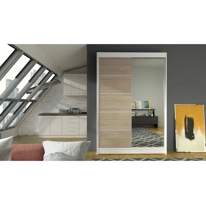 Vysoká šatní skříň 120 cm se zrcadlem SAMANRE 3 - dub sonoma / bílá