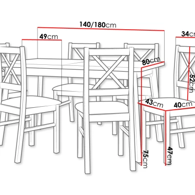Rozkládací jídelní stůl 140 cm s 6 židlemi ADELBITE 3 - dub artisan / bílý / ocelový šedý