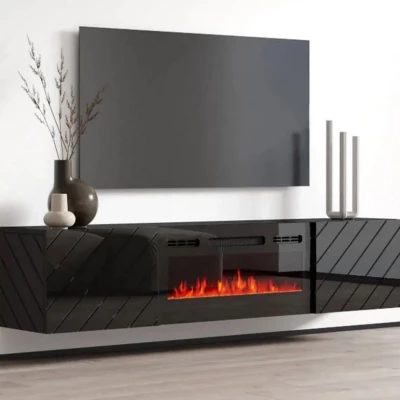 Závěsný TV stolek s elektrickým krbem WANDER - černý / lesklý černý