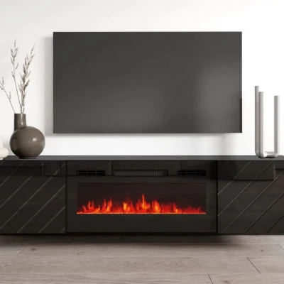 Závěsný TV stolek s elektrickým krbem WANDER - černý / lesklý černý