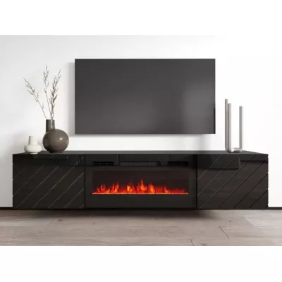 Závěsný TV stolek s elektrickým krbem WANDER - černý / lesklý černý