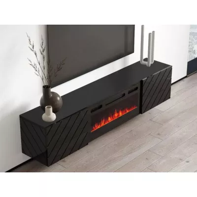 Závěsný TV stolek s elektrickým krbem WANDER - černý / lesklý černý