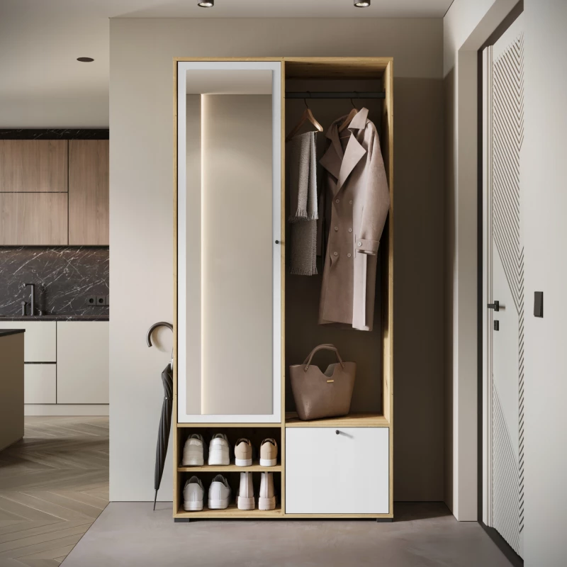 Předsíňová stěna se zrcadlem USTINA - dub artisan / bílá