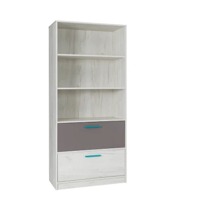 Vysoký regál se šuplíky DEANY - dub kraft / popelavý / tyrkysový