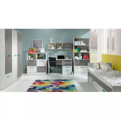 Vysoký regál se šuplíky DEANY - dub kraft / popelavý / tyrkysový