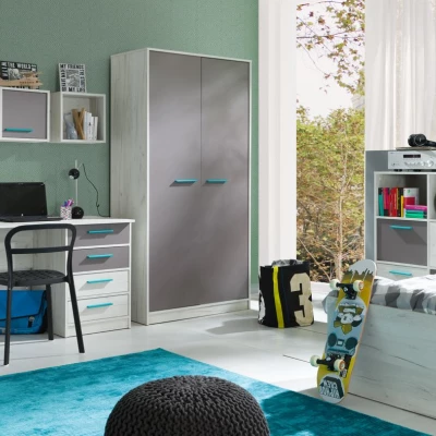 Vysoký regál se šuplíky DEANY - dub kraft / popelavý / tyrkysový