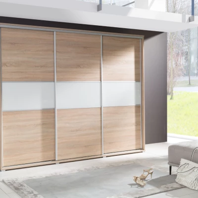 Široká šatní skříň 277 cm ZUMBRO - dub sonoma / bílé sklo