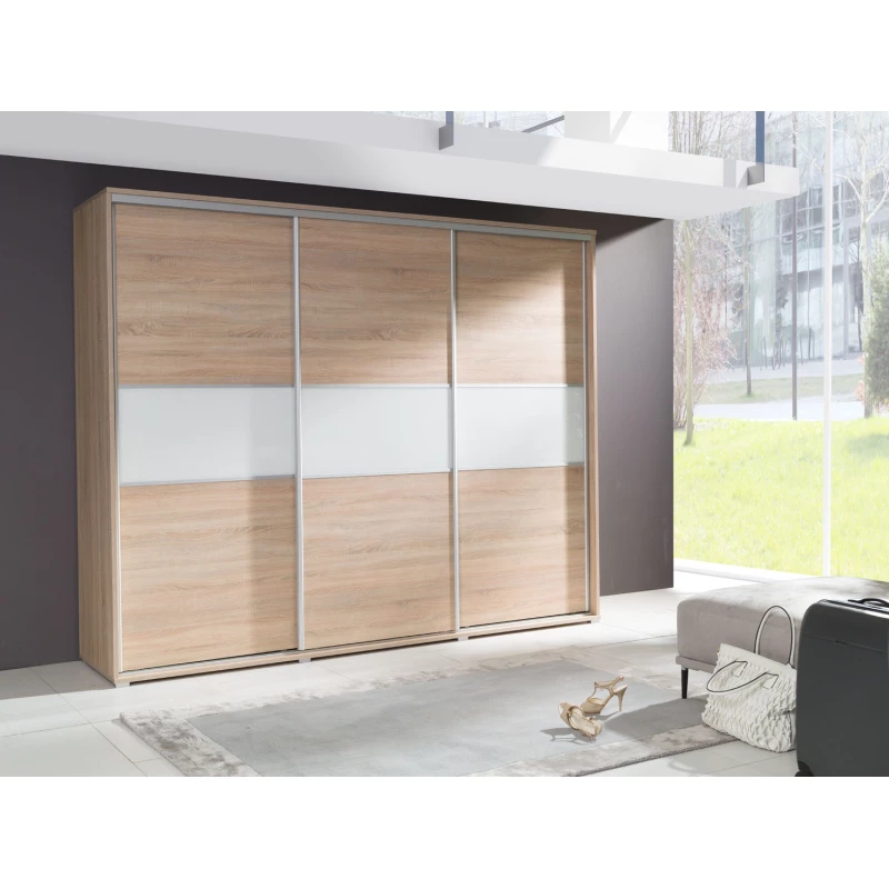 Široká šatní skříň 277 cm ZUMBRO - dub sonoma / bílé sklo