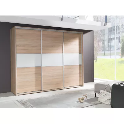 Široká šatní skříň 277 cm ZUMBRO - dub sonoma / bílé sklo