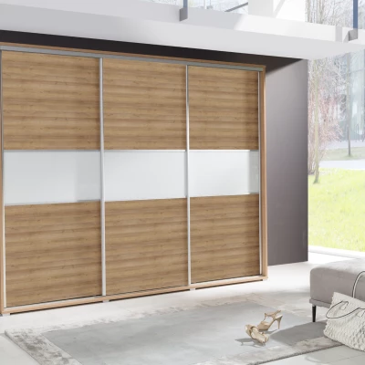 Široká šatní skříň 277 cm ZUMBRO - dub riviera / bílé sklo