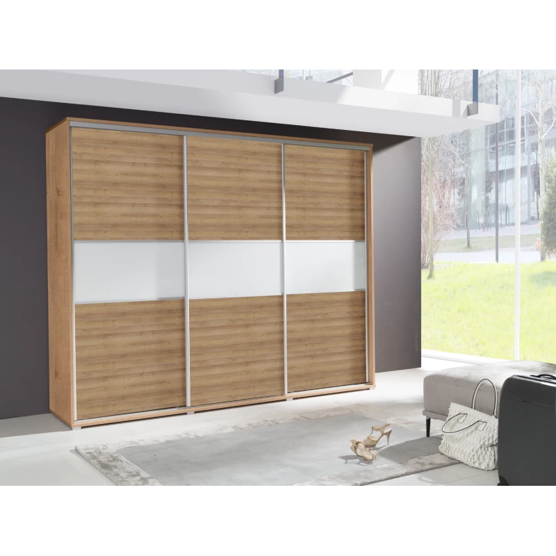 Široká šatní skříň 277 cm ZUMBRO - dub riviera / bílé sklo