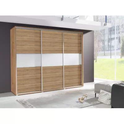 Široká šatní skříň 277 cm ZUMBRO - dub riviera / bílé sklo