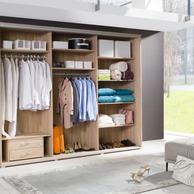 Široká šatní skříň 277 cm ZUMBRO - dub riviera / bílé sklo