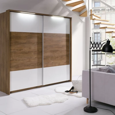 Šatní skříň s osvětlením 230 cm ISANTI - dub bordeaux / lesklá bílá