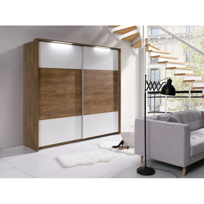 Šatní skříň s osvětlením 230 cm ISANTI - dub bordeaux / lesklá bílá