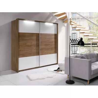 Šatní skříň s osvětlením 230 cm ISANTI - dub bordeaux / lesklá bílá
