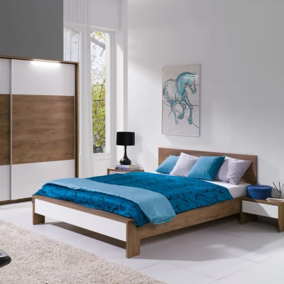 Šatní skříň s osvětlením 230 cm ISANTI - dub bordeaux / lesklá bílá