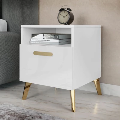 Noční stolek TANTES - bílý / lesklý bílý