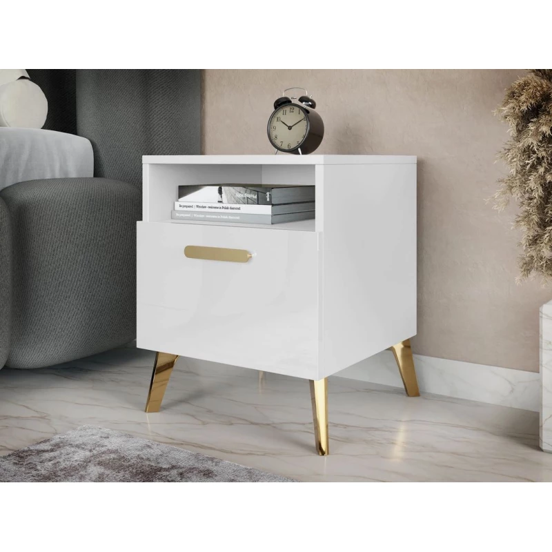 Noční stolek TANTES - bílý / lesklý bílý