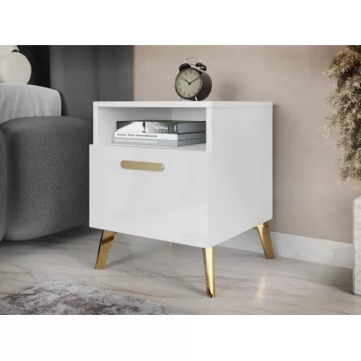 Noční stolek TANTES - bílý / lesklý bílý