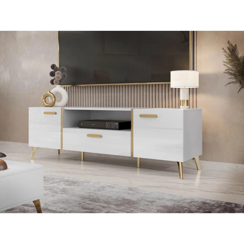 Televizní stolek TANTES - bílý / lesklý bílý