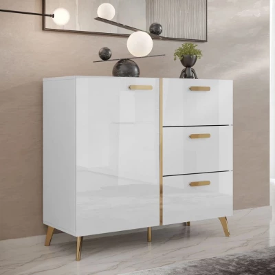 Úzká kombinovaná komoda TANTES - bílá / lesklá bílá