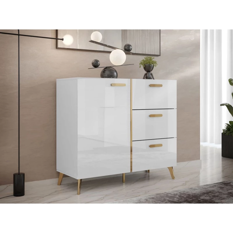 Úzká kombinovaná komoda TANTES - bílá / lesklá bílá