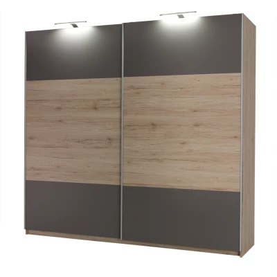 Široká šatní skříň 225 cm KIMBALL - dub san remo / šedá + LED osvětlení ZDARMA