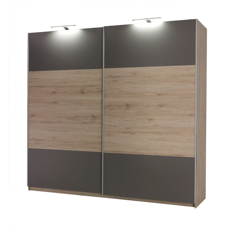 Široká šatní skříň 225 cm KIMBALL - dub san remo / šedá + LED osvětlení ZDARMA