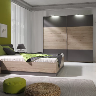 Široká šatní skříň 225 cm KIMBALL - dub san remo / šedá + LED osvětlení ZDARMA