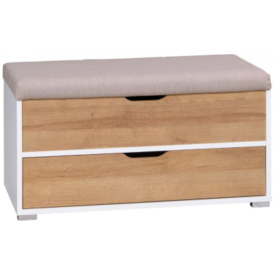 VÝPRODEJ - Komoda se sedákem BROKEN - bílá / dub zlatý