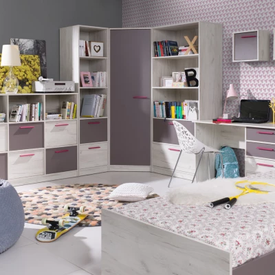 Rohová šatní skříň 85 cm DEANY - dub kraft / popelavá / tyrkysová