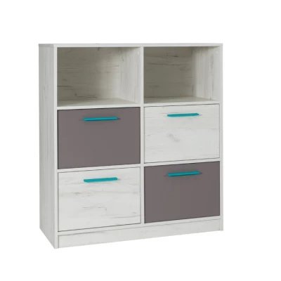 Komoda se šuplíky a poličkami DEANY - dub kraft / popelavá / tyrkysová